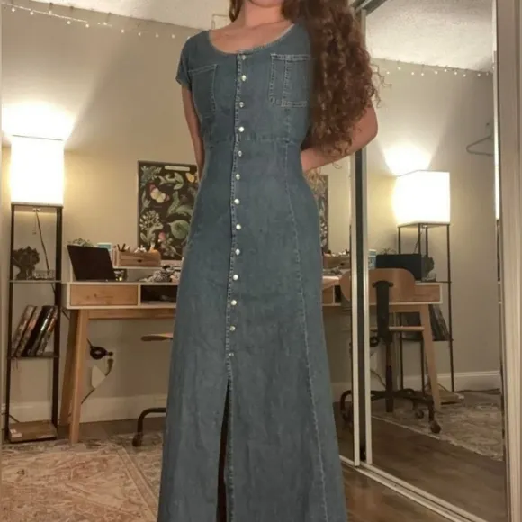 Vintage 90s y2k Ralph Lauren Pearl Snap Boho Western Blue Denim Shirt Dress 12