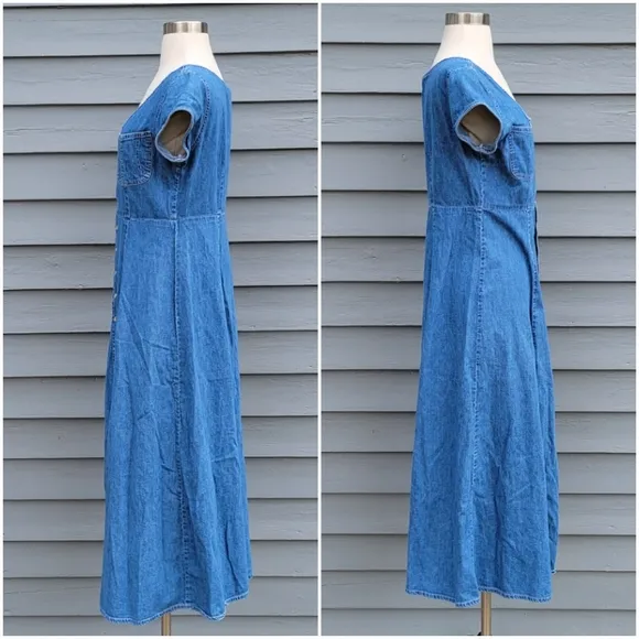 Vintage 90s y2k Ralph Lauren Pearl Snap Boho Western Blue Denim Shirt Dress 12