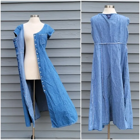 Vintage 90s y2k Ralph Lauren Pearl Snap Boho Western Blue Denim Shirt Dress 12