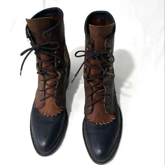 Vintage Abilene Boot Co. Leather Boots Lace Up Black and Brown Size 7 1/2 M
