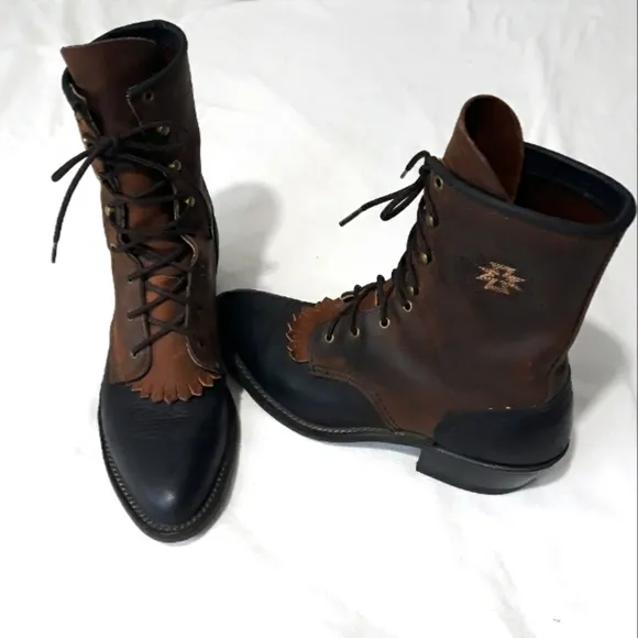 Vintage Abilene Boot Co. Leather Boots Lace Up Black and Brown Size 7 1/2 M