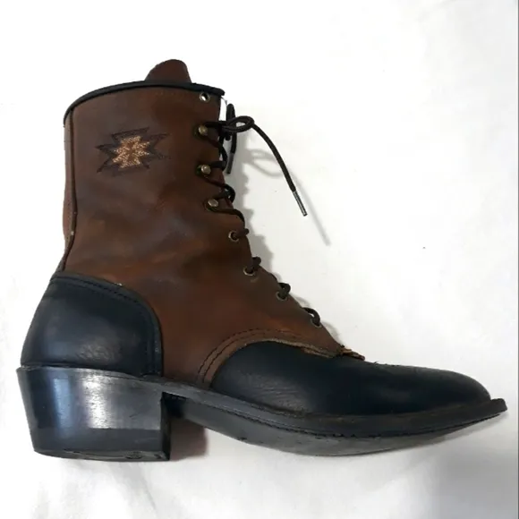 Vintage Abilene Boot Co. Leather Boots Lace Up Black and Brown Size 7 1/2 M