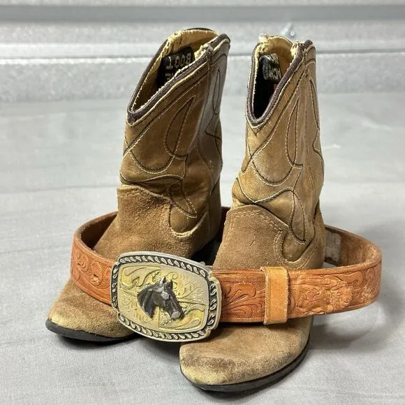 Vintage Acme Boots Kids Brown Suede Leather Cowboy Rancher Western Belt Included