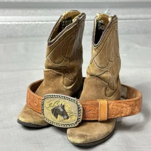 Vintage Acme Boots Kids Brown Suede Leather Cowboy Rancher Western Belt Included