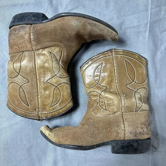 Vintage Acme Boots Kids Brown Suede Leather Cowboy Rancher Western Belt Included