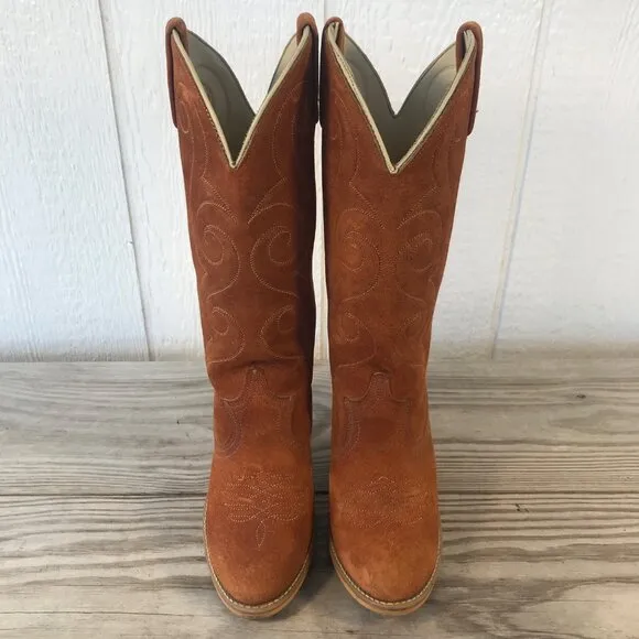 Vintage Acme Womens Stacked Suede Hazelnut Brown Western Boots 6 M 583 USA