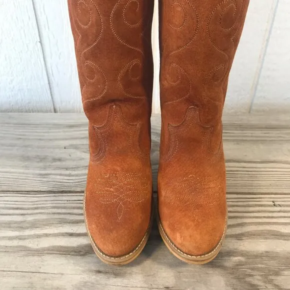 Vintage Acme Womens Stacked Suede Hazelnut Brown Western Boots 6 M 583 USA