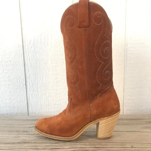 Vintage Acme Womens Stacked Suede Hazelnut Brown Western Boots 6 M 583 USA