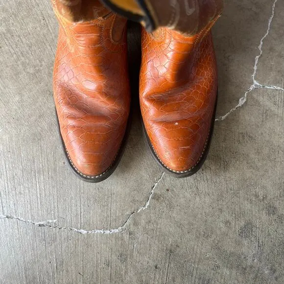 VINTAGE ALLIGATOR ORANGE COWBOY BOOTS 7,5D WESTERN EXOTIC
