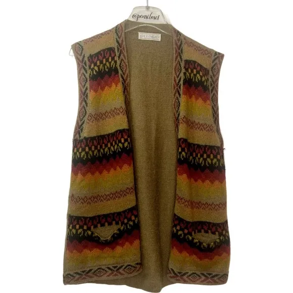 Vintage Alpaca Esmeralda Aztec Mixed Pattern Open Front Alpaca Wool Sweater Vest