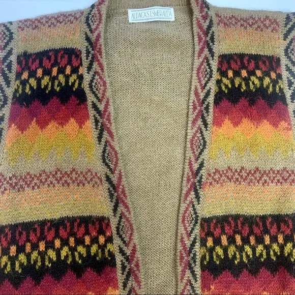 Vintage Alpaca Esmeralda Aztec Mixed Pattern Open Front Alpaca Wool Sweater Vest
