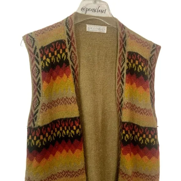 Vintage Alpaca Esmeralda Aztec Mixed Pattern Open Front Alpaca Wool Sweater Vest