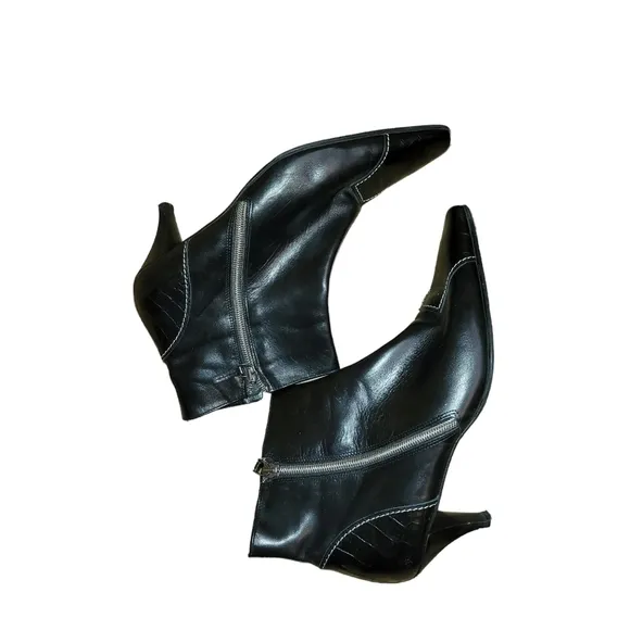 Vintage Amalfi Leather Boots 8 Crocodile print toe white black 2 zippers