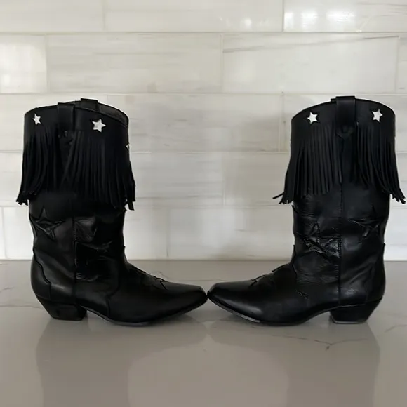 Vintage Black Leather Stars and Fringe Cowgirl Boots