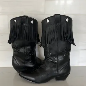 Vintage Black Leather Stars and Fringe Cowgirl Boots