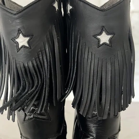 Vintage Black Leather Stars and Fringe Cowgirl Boots