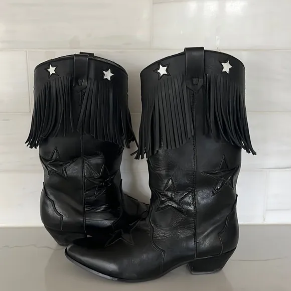 Vintage Black Leather Stars and Fringe Cowgirl Boots