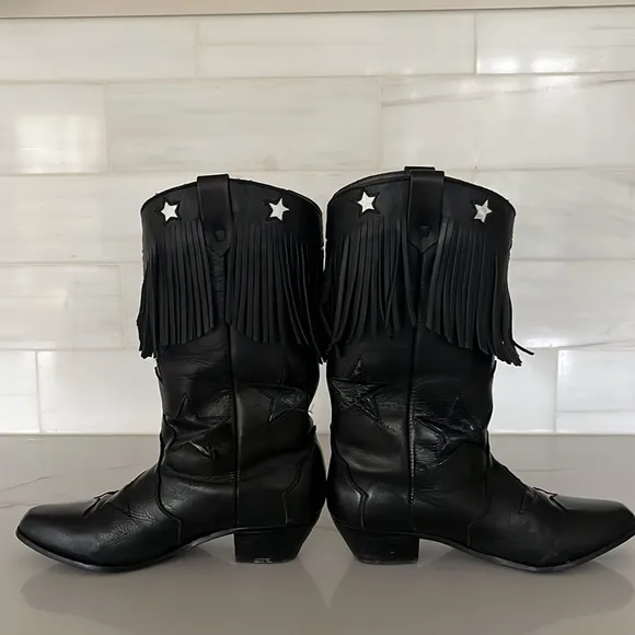 Vintage Black Leather Stars and Fringe Cowgirl Boots