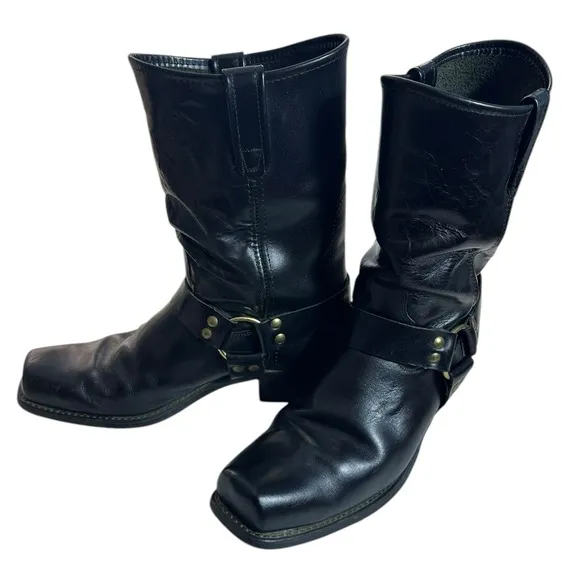 Vintage Black Leather Western Biker Motorcycle Boots