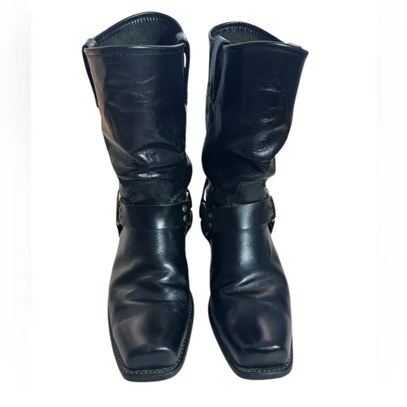 Vintage Black Leather Western Biker Motorcycle Boots