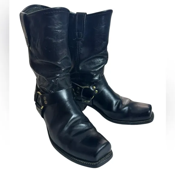 Vintage Black Leather Western Biker Motorcycle Boots