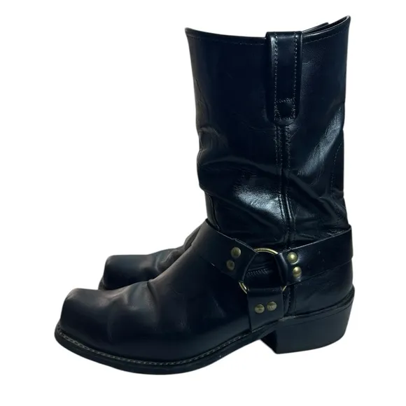 Vintage Black Leather Western Biker Motorcycle Boots