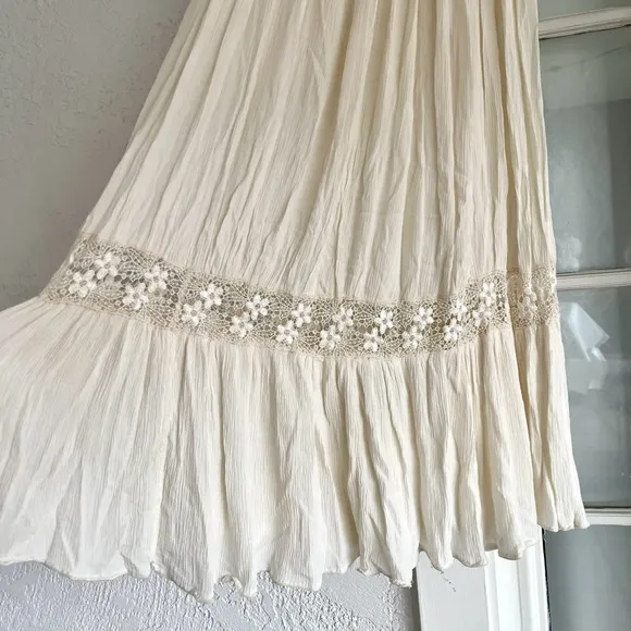 Vintage Boho Eyelet Lace Tiered Cream Midi Skirt