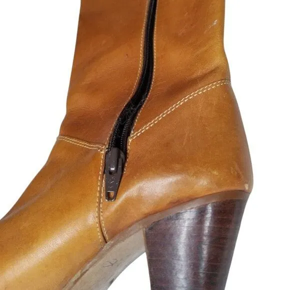 Vintage Boho Style Tall Brown Leather Knee High Heel Cowgirl Boots Size 6.5
