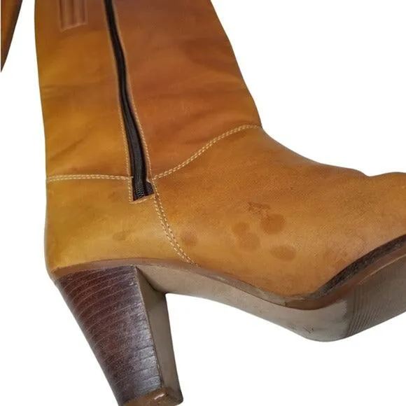 Vintage Boho Style Tall Brown Leather Knee High Heel Cowgirl Boots Size 6.5