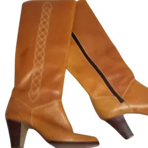 Vintage Boho Style Tall Brown Leather Knee High Heel Cowgirl Boots Size 6.5