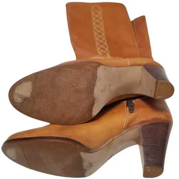 Vintage Boho Style Tall Brown Leather Knee High Heel Cowgirl Boots Size 6.5