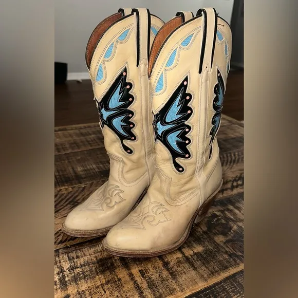 Vintage Britney Spears Capezio Tan Blue Monarcha Butterfly Cowgirl Western Boots