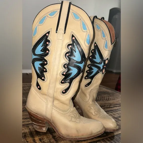 Vintage Britney Spears Capezio Tan Blue Monarcha Butterfly Cowgirl Western Boots