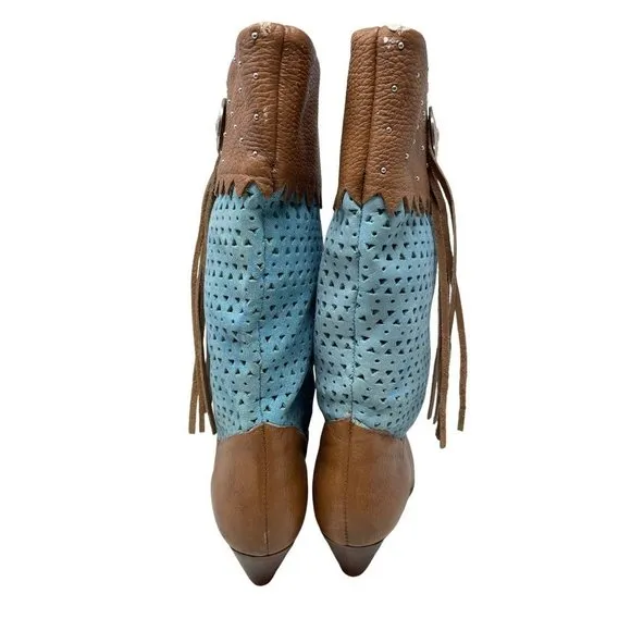 Vintage Calico Gringo Cowboy Boots Tassel Brown Turquoise Blue Western Size 10