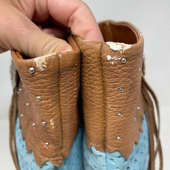Vintage Calico Gringo Cowboy Boots Tassel Brown Turquoise Blue Western Size 10