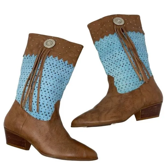 Vintage Calico Gringo Cowboy Boots Tassel Brown Turquoise Blue Western Size 10