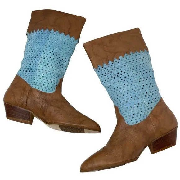 Vintage Calico Gringo Cowboy Boots Tassel Brown Turquoise Blue Western Size 10