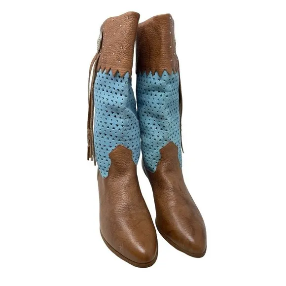 Vintage Calico Gringo Cowboy Boots Tassel Brown Turquoise Blue Western Size 10