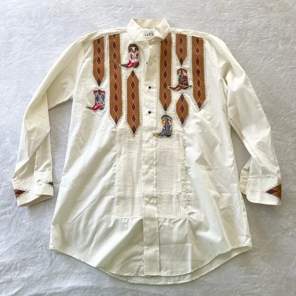 Vintage Chaplin Glitter Country Western Painted Boots Button Down Shirt