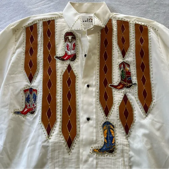 Vintage Chaplin Glitter Country Western Painted Boots Button Down Shirt