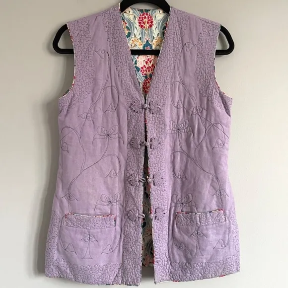 Vintage Chinese Pink Floral Quilted Tunic Vest - S, ***Reversible***
