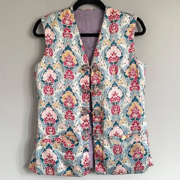 Vintage Chinese Pink Floral Quilted Tunic Vest - S, ***Reversible***