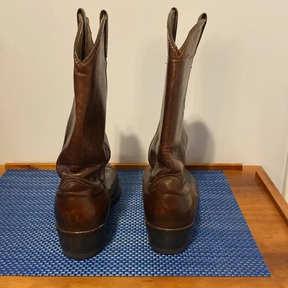 Vintage Cowboy boots, 10.5, solid brown pull-ons, newly re-soled, leather