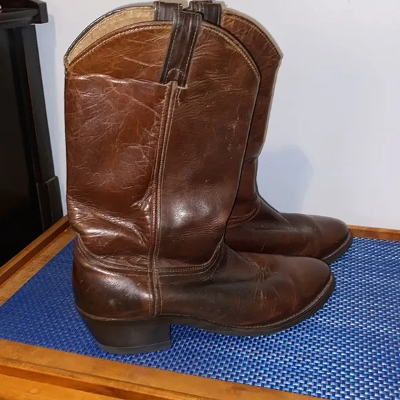 Vintage Cowboy boots, 10.5, solid brown pull-ons, newly re-soled, leather