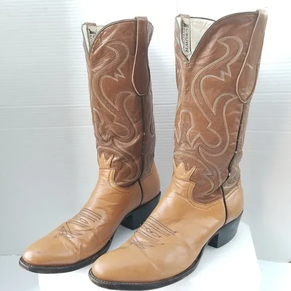Vintage Crown Boot Company Brown Cowboy Boots with  Intricate Stitching