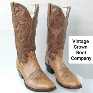 Vintage Crown Boot Company Brown Cowboy Boots with  Intricate Stitching