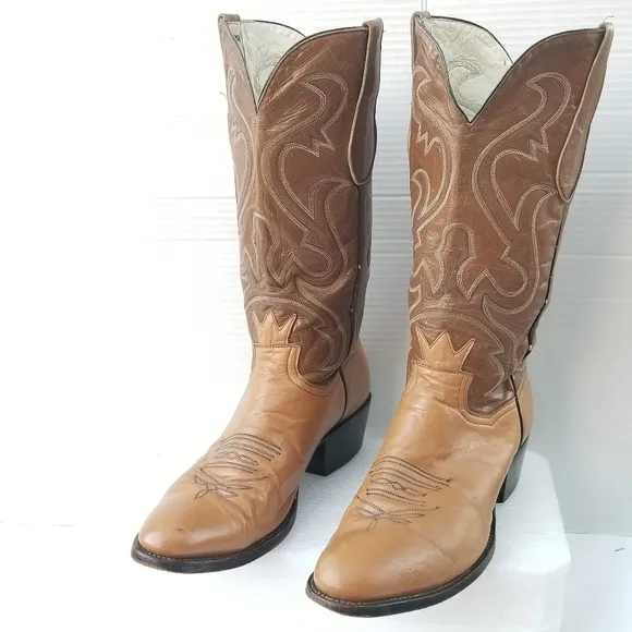 Vintage Crown Boot Company Brown Cowboy Boots with  Intricate Stitching