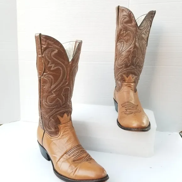 Vintage Crown Boot Company Brown Cowboy Boots with  Intricate Stitching