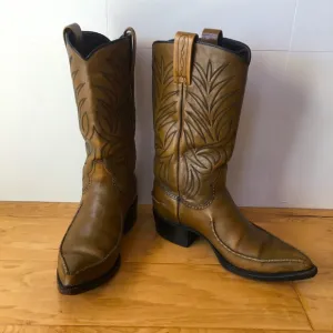 Vintage Dan Post Leather Cowboy Boots 9 D Olive Tan Western Boot Festival