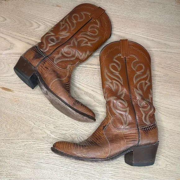 Vintage Dan Post Teju Lizard &amp; Leather Western Cowboy Boots Tan Brown Men’s 8.5